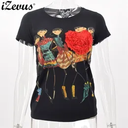 Izevus kadın giyim gündelik kısa kollu tişörtler pamuk yaz tişört basılı kimyasal aplike çiçekler tişörtler kadın üstleri t200110