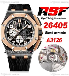 RSF 44mm A3126 Automatic Chronograph Mens Watch Two Tone 18K Rose Gold Bezel Black Ceramic Case Textured Dial Number Markers Rubber Strap Super Edition Puretime A1