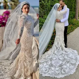 Lace Vintage Mermaid Wedding Dresses Bridal Gown with Long Sleeves High Neck Applique Sweep Train Ribbon Custom Made Ruched Boho Vestidos De Novia