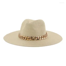 Breite Krempe Hüte Frauen Sommer Sonnenhut Stroh Strand Panama 11 cm Große Größe Khaki Kette Luxus Outdoor Gorros Elob22