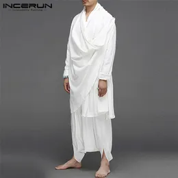 Men Vintage Sets INCERUN Long Sleeve Solid Color Irregular Cloak Blouse Elastic Pants 2 Pieces Cotton Suits Streetwear 5XL 7 220708