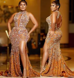 2022 Plus Size Arabisch Aso Ebi Gold Luxuriöse Meerjungfrau Ballkleider Perlen Kristalle Abend Formale Party Zweiter Empfang Geburtstag Verlobungskleider Kleid ZJ188