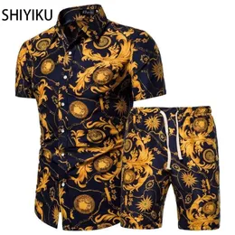 Shiyiku Summer Brand Men's kläder Kort ärm tryckta skjortor Shorts 2 -stycken mode manlig casual strandkläder kläder 220621