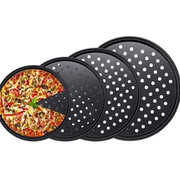 Nonstick Carbon Steel Pizza Crisper Trays Baking Pan with Holes Round Deep Dish Plate Bakewave Mould Oven Home Kitchen Tools 220423