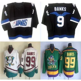 Vintage Mighty Ducks Movie Jersey Hawks 9 Adam Banks zszyty haft hokey koszulki czarne zielone zielone rozmiar szybkiego wysyłki s-xxxl