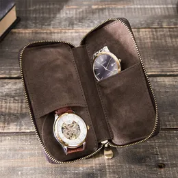 Custodia di lusso per scatola porta orologi in pelle rustica a 2 scomparti con cerniera Borsa organizer portatile per 2 orologi Marrone 220624