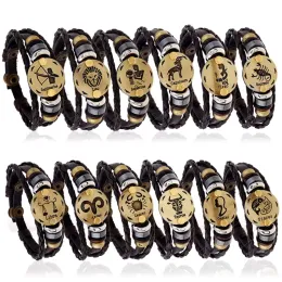 Constelações Charme de couro genuíno Bracelets homens s zodiac vintage vintage corda embrulhada em pulseira ajustável para mulheres punk