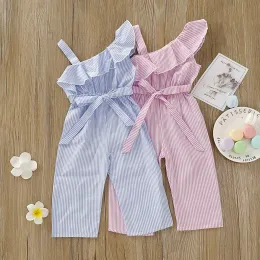 Abiti firmati per bambini Pagliaccetti per ragazze Spalla inclinata Tute estive a righe Casual Boutique Senza maniche Bowknot Onesies Tute per neonati Vestiti da arrampicata