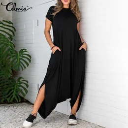 Women Irregular Jumpsuits Celmia Summer O Neck Short sleeve Loose Long Palazzo Rompers Casual Baggy Solid Playsuits Pockets W220427