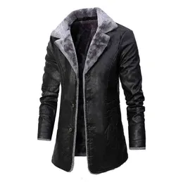 Men Long PU Leather Coat Boys Winter Velvet Thick Windbreaker Long Sleeve Top Faux Fur Oversized Jacket 4xl Button Up Overcoat L220725