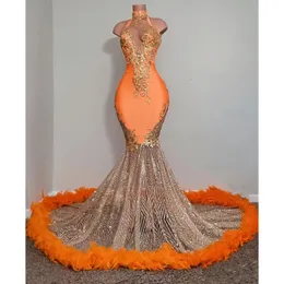 Black Girls Orange Mermaid Prom Dresses 2022 Satin Beading Sequined High Neck Feathers Luxury Skirt Evening Party Formal Gowns For Women