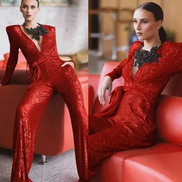 Sexiga röda sequins Eveningklänningar Sequined Full Sleeves Modest JMPSuits med bälte Custom Made Prom-kappor