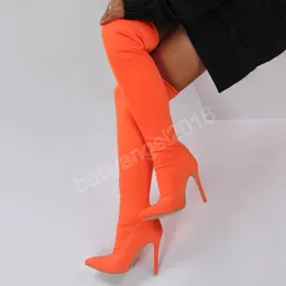 Streç uyluk botları süet portakal stiletto yüksek topuk diz kadın botları artı beden moda sonbahar kış ayakkabıları