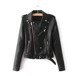 2022新しいファッション女性Autunm Winter Black Faux Leather Jackets Lady Bomber Motorcycle Cool Outerwear Coat with Belt L220728