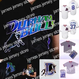 Nova camisa Durham Bulls #8 Crash Davis #37 Ebby 'Nuke' LaLoosh 100% costurada Movie Custom Baseball Jersey branco cinza preto S-3XL