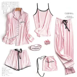 Canção de julho rosa 7 peças pijamas femininos conjuntos Faux Silk Listrado Pijama Sleepwear Primavera Verão Homewear 220329