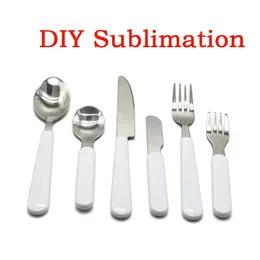 DIY 승화 어린이 Aldult Cutlery Stainless Steel 테이블웨어 서부 스타일 식 테이블웨어 식 테이블 흰색 빈 나이프 포크 포크 스푼 DHL 배송