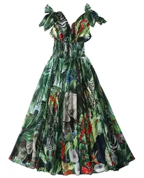 Grundläggande avslappnade klänningar Runway Forest Animal Print Green Maxi Dress Summer Women's Bow Tie Strap V-Neck High Elastic Midje Chiffon Long Dress 230719