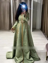 Sage Muslin Long Sleeve Prom Dresses Long Sleeve Lace Embroidery Beaded Moroccan Caftan middle East Evening Gowns