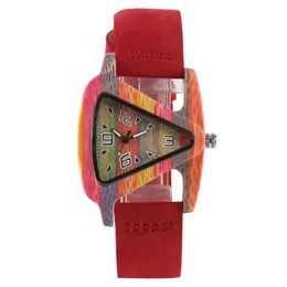 Wristwatches Fashion Colorful Bamboo Unique Triangle Hollow Wood Watch Creative Leather Digital Wristwatch Gift Relogio FemininoWristwatches