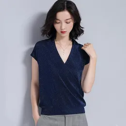 Kadın T-Shirt Yaz Kadın Örgü Yelek Çapraz Yaka Kollar Kolsuz Düz Tank Tops Vintage Zarif Elastik Lady Pullover Kadın Bezi