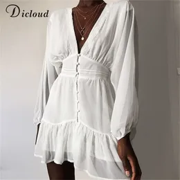 dicloud sexy plunge v mekn 'summer's Summerドレスホワイトレース長袖ミニウェディングパーティードレスラッフルエレガントな服210706