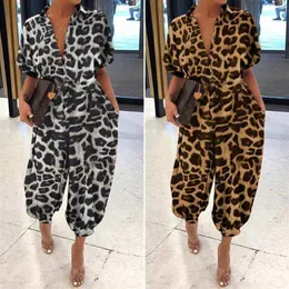 30h Women Leopard Print Jumpsuits Lapel Slim Bodysuit Long Button Rompers Oversized Short Sleeve Dro Women's T-Shirt285P