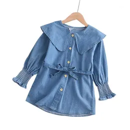 Vestidos de menina 2-7y Girls Denim Blue Dress 2022 Moda Baby Girl Roupas casuais cor sólida coreana trajes de manga longa de cinto roupas de arco