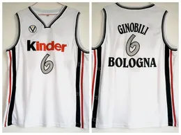 Men Moive Kinder Bologna Basketball 6 Manu Ginobili Jersey College All Truitched Treasable لمشجعي الرياضة لخياطة فريق أبيض للقطن النقي عالي الجودة للبيع
