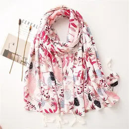 Women Fashion Pink Luxury Floral Scarf Tassel Viscose Shawl Lady High Quality Print Wrap Pashmina Stole Bufandas Muslim Hijab Snood