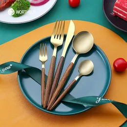Dinnerware Sets WORTHBUY 5/20/30 Pcs Gold Cutlery Set Stainless Steel Knife Fork Spoon Dinner With Wood Grain Handle Kitchen Tableware
