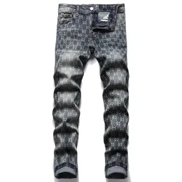 Blå Slim Print Herr Jeans Pantalons pour hommes 2022 Höst Mikroelastiska Trendiga jeansbyxor Vaqueros de los hombres Pantalones Para Hombre Vaqueros