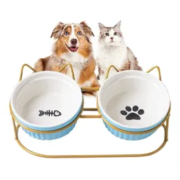 Ceramic Elevated Cat Bowl with Metal Stand Protect Spine Pet Feeder Cute Cartoon Food Water Feeding Bowls for Cats Puppy 220323