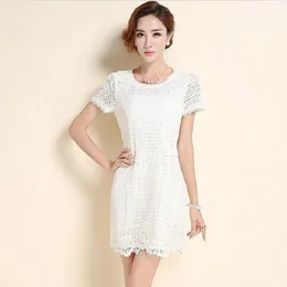 New Summer Women Korean Sweet Style Dresses Slim Short Sleeve Hollow Out Lace Splice Loose Solid Occasion Dress For Ladies Black/White Size XXL