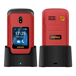 Original Uniwa V909T Flip Mobile 4G Full Band Feature COLTONE MTK Quad-Core Dual Screen WiFi Bluetooth Clamshell Mobilephone för äldre män