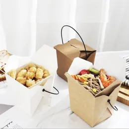 Kraft Paper Carton Lunch Snack Furit Salad Box Engång Snabbmat Pasta Takeaway Förpackningsbox med plasthandtag 300pcs