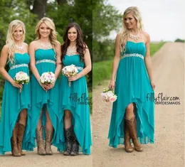 One pcs Hunter Country Style Short Chiffon Bridesmaid Dresses Modest Western Strapless Beaded Sash Hi-Lo Maternity Bridesmaid Gowns Under 100