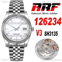 ARF V3 126234 36 mm Cal SH3135 Reloj automático para hombre Bisel estriado Esfera blanca Pulsera de acero Jubilee 904L con tarjeta de garantía Super Edition Timezonewatch R02