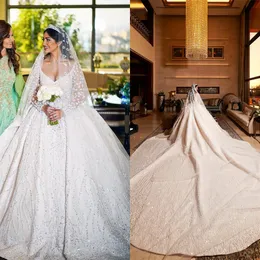 Księżniczka Suknie Ślubne Suknie Ślubne 2022 V Neck Długie Rękawy Vestido Casamento Cekiny Aplikaqus Zroszony Bride Suknie