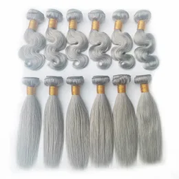 Naturlig svartbrun grå blondin människohårväv buntar hår wefts 3 stycken/mycket grå silver brasiliansk rak 10-26 tum