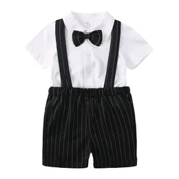 Baby Boys Clothes Gentleman Outfits Suits Infant Short Sleeve Shrits Suspender Pants Bow Tie Formal Little Kids Clothing Set