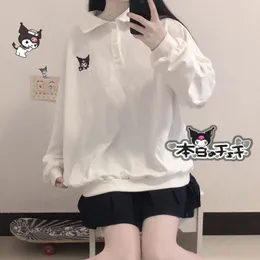 HOUZHOU Felpa con colletto a polo Kawaii bianco Donna Felpa con cappuccio a maniche lunghe stile Preppy dolce Harajuku Pullover oversize Cartoon 220815