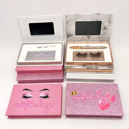 False Eyelashes Wholesale Price Mink Packaging Custom Private Label Eye Lashes Box Mirror Lash Cases Pink Glitter Marble BoxFalse