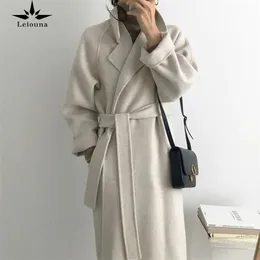 Leiouna Vintage Solid Long Sleeve Casual Belt 2020 New Fashion Long Autumn Faux Wool Blend Woolen Coat Winter Warm Women Clothes LJ201106