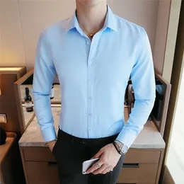 Moda Mens Vestido Camisas de Manga Longa Camisa Sólida Slim Fit Masculino Social Casual Negócios Branco Preto Botão Para Baixo Camisa 220813