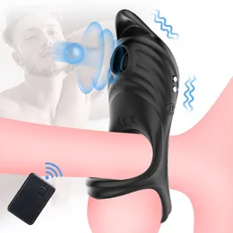 Manga de estimulação do anel de controle remoto sem fio CLITOR DE VIBRADOR DE CABO para pênis Toys Sexy Men Casta masculina 10 Modos