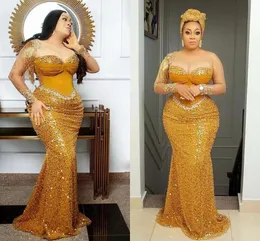 Arabo Aso Ebi Plus Size Gold Mermaid Prom Dresses Sheer maniche lunghe con paillettes nappa in rilievo abiti da sera africani cerniera posteriore
