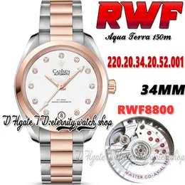 RWF Aqua Terra 150M A8800 자동 여성 시계 220.20.20.34.20.52.001 34mm 흰색 다이얼 로즈 골드 베젤 두 톤 스테인리스 스틸 브레이슬릿 슈퍼 에디션 영원한 시계