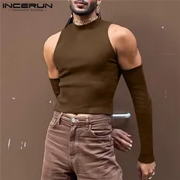 INCERUN Maglietta da uomo tinta unita dolcevita manica lunga spalle scoperte camicie casual scava fuori streetwear sexy crop top 220621