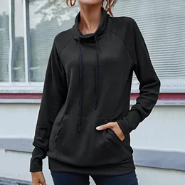 レディースTシャツハイネックTシャツ女性長袖スリム秋のソリッドカラーカジュアルルーズトップブリーフドローストリングTシャツスウェットカプシュフェム